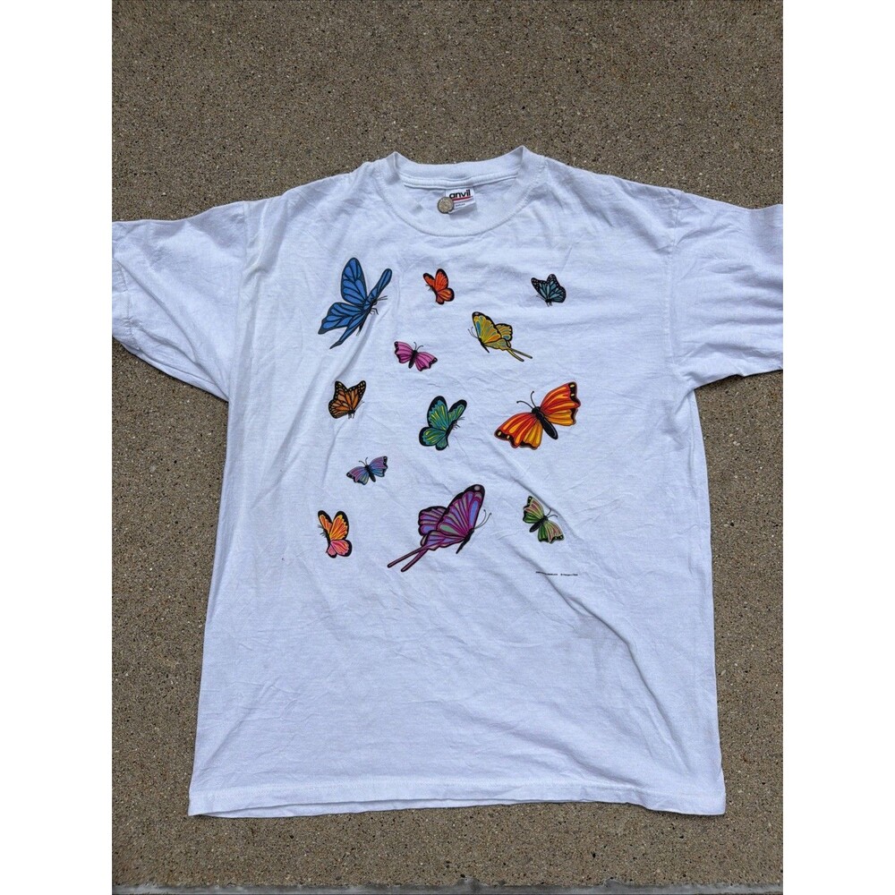 Vintage 1996 Human-i-Tees Butterfly Nature Graphic T-Shirt White Large 90s Shirt
